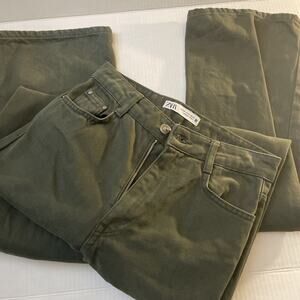 Zara Women's Darker Green Thick Denim Straight Wide Leg Jeans USA 2.